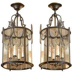 Pair of Round Neoclassical Style Brass Lanterns with 4 lights
