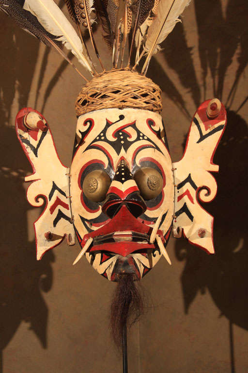 Bruneian Ceremonial Mask from Borneo with Feathered Headdress For Sale