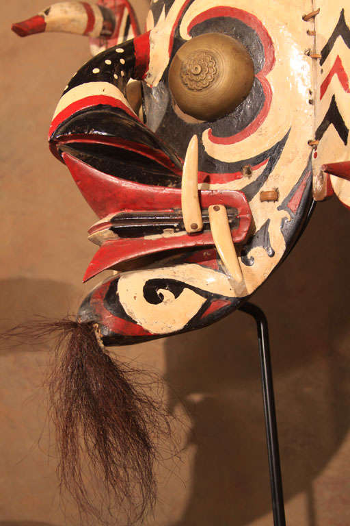 Wood Ceremonial Mask from Borneo with Feathered Headdress For Sale