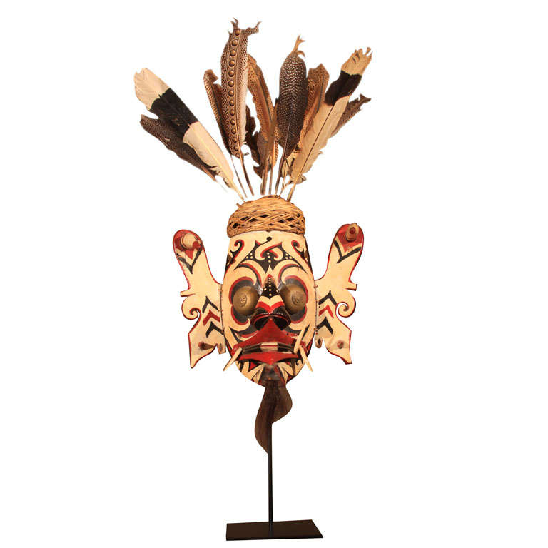 Ceremonial Mask from Borneo with Feathered Headdress For Sale