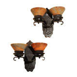 Pair of Two Arm Sconces with Alabaster Shades