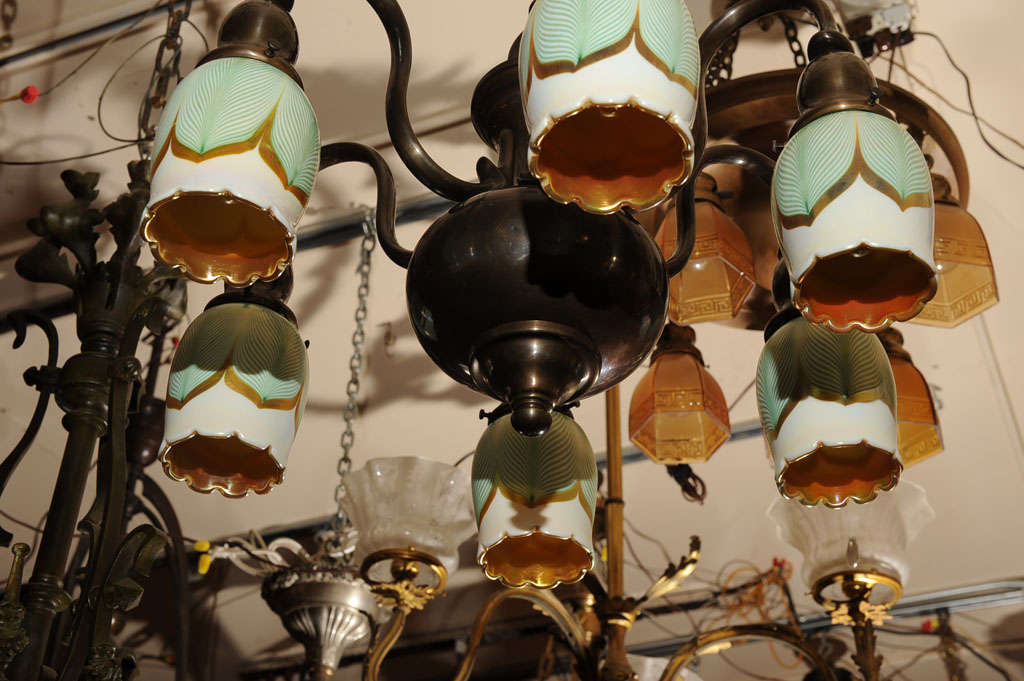 Hand-Crafted Six-Arm Chandelier with Pulled Feather Shades
