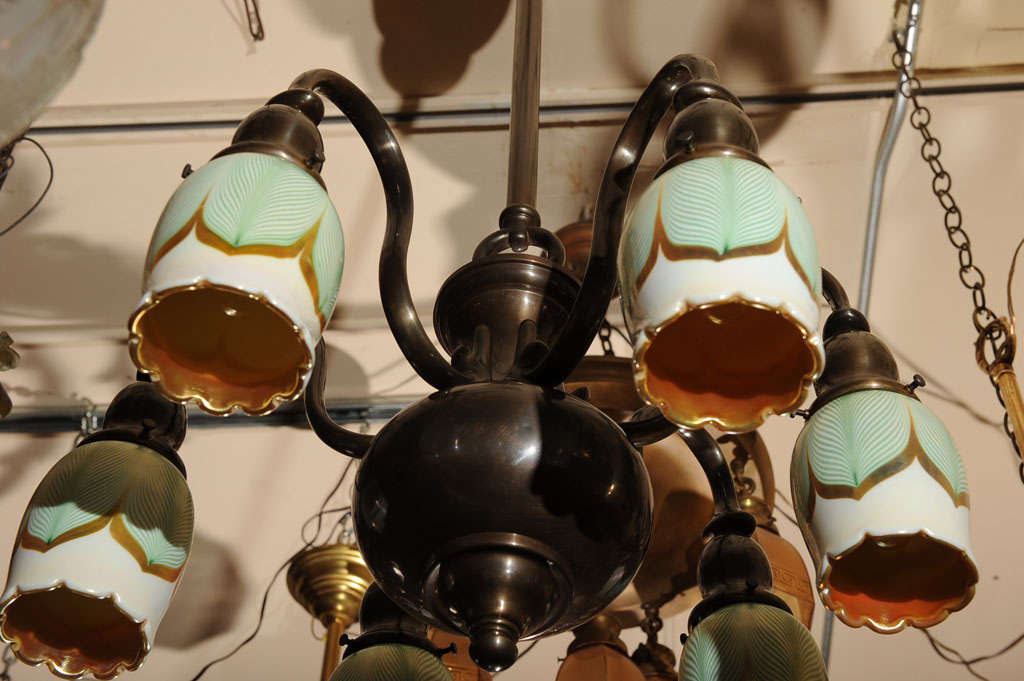 Six-Arm Chandelier with Pulled Feather Shades In Excellent Condition In Petaluma, CA