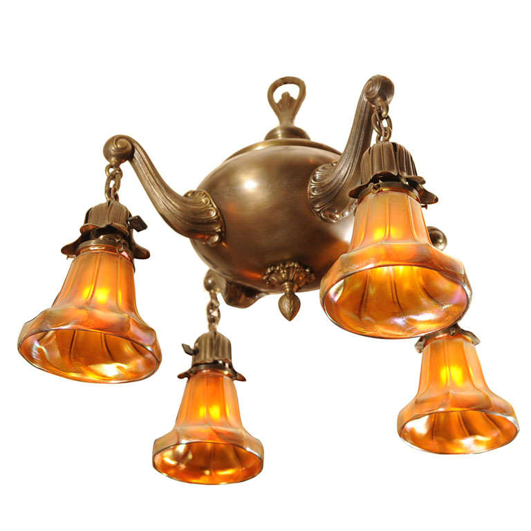 FourArm Chandelier with Period Art Glass Shades at 1stDibs
