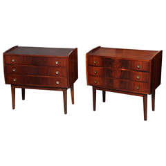 Pair of Rosewood Nighstands with 3 Drawers and Brass Pulls