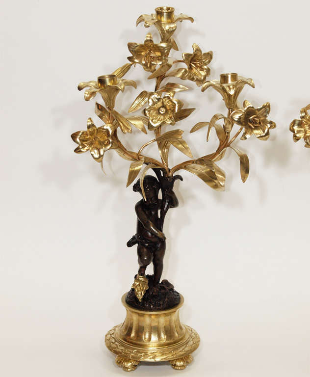 Pair Antique Bronze and Ormolu Floral Candelabra circa 1865