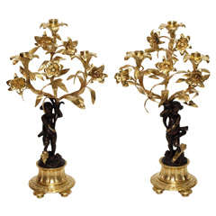Pair Antique Bronze and Ormolu Floral Candelabra circa 1865