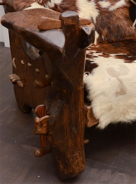 French Pair of Pine and Cowhide Armchairs by Georges Charpentier, France, c. 1973