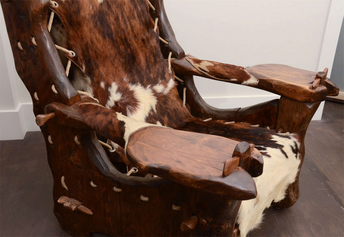 Late 20th Century Pair of Pine and Cowhide Armchairs by Georges Charpentier, France, c. 1973