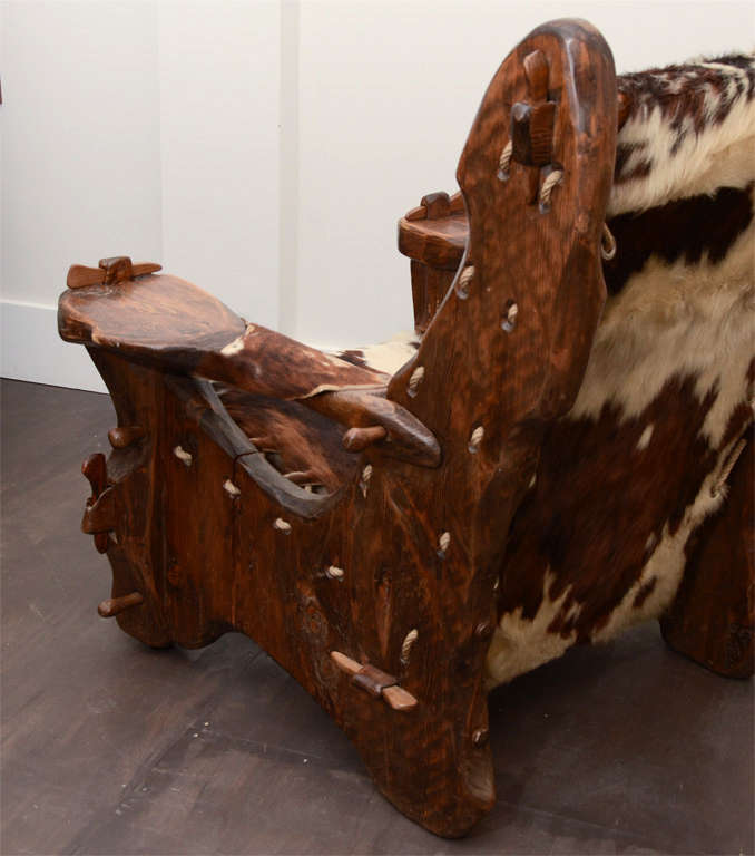 Pair of Pine and Cowhide Armchairs by Georges Charpentier, France, c. 1973 3