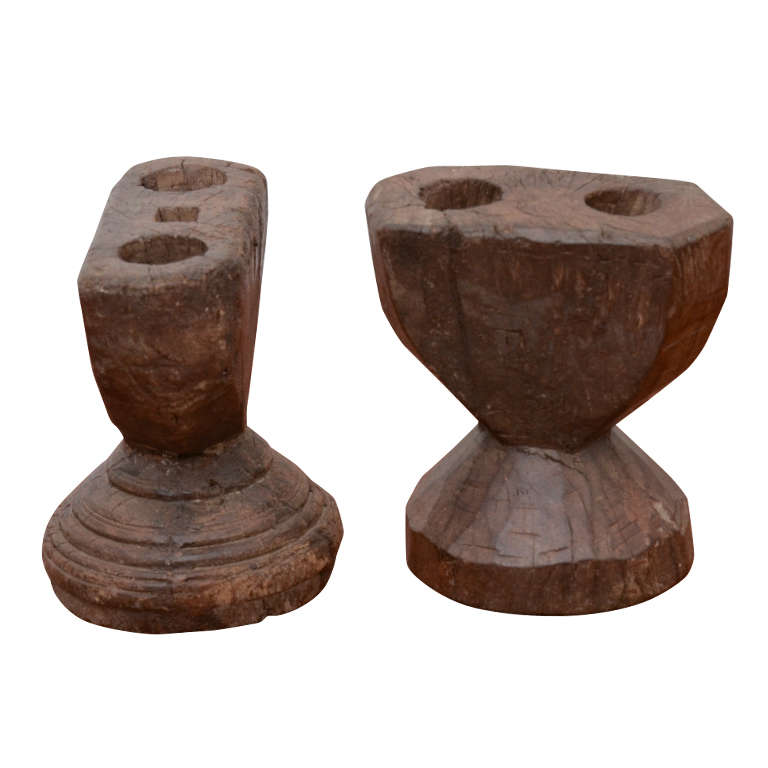 Pair of Rustic Wooden Carved Candlestick Holders