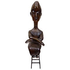 Whimsical Bronze Sculpture Depicting a Girl on a Stool