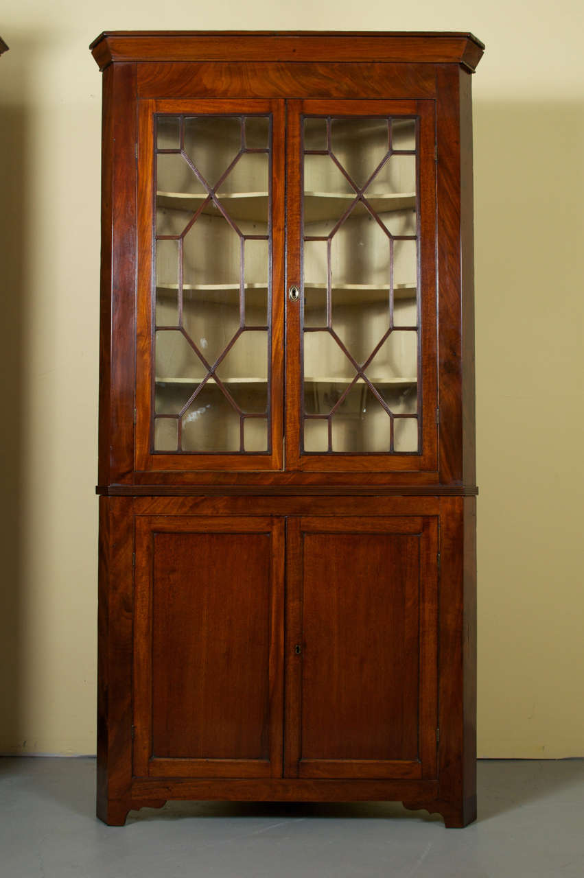 A gorgeous George III mahogany two piece Corner Cupboard.  The upper section has two doors with three shelves inside.  Each door has 13 individual glass pane windows.  The entire interior of the top section is lined with beige fabric.  The bottom