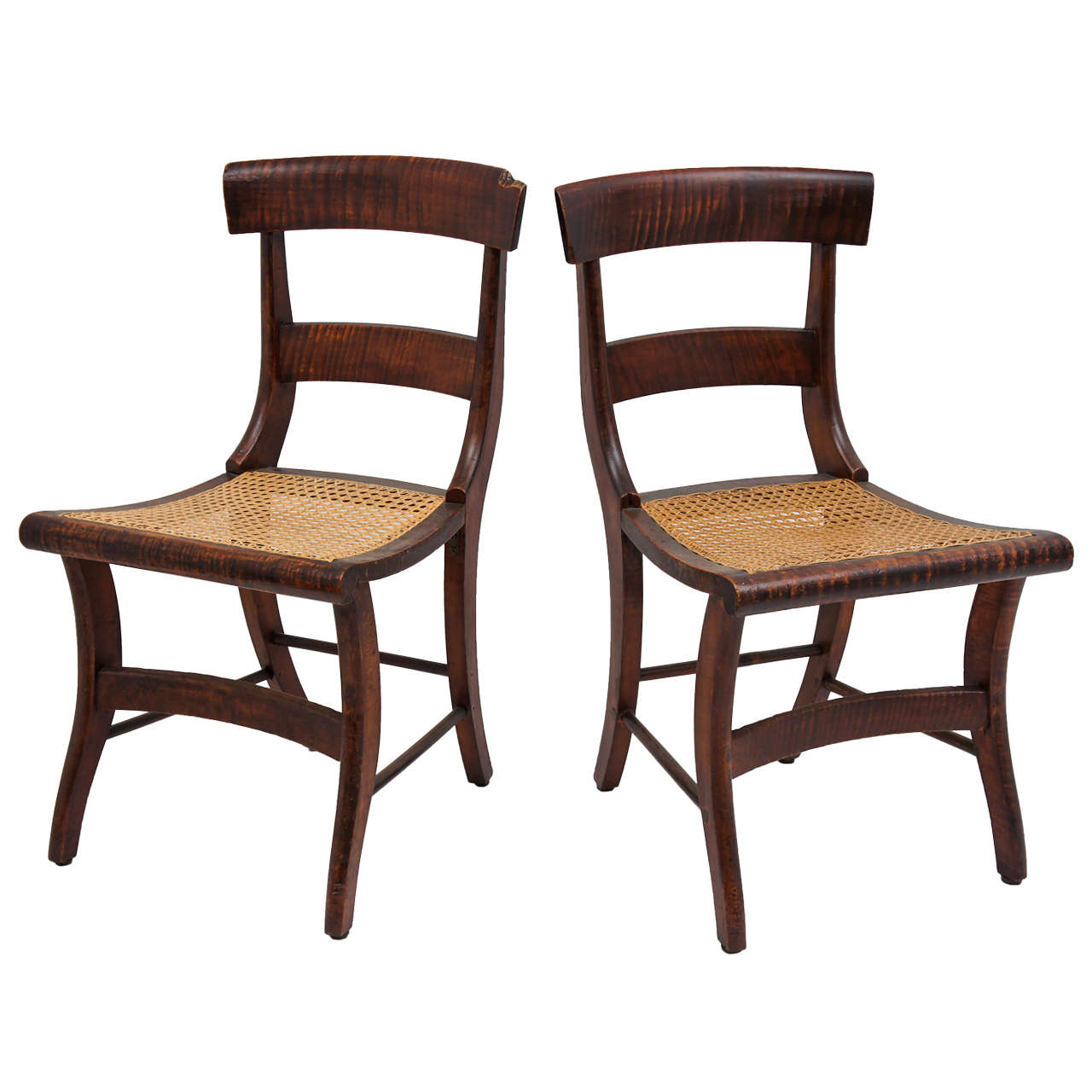 Set of Six Tiger Maple Dining Chairs, 19thC.