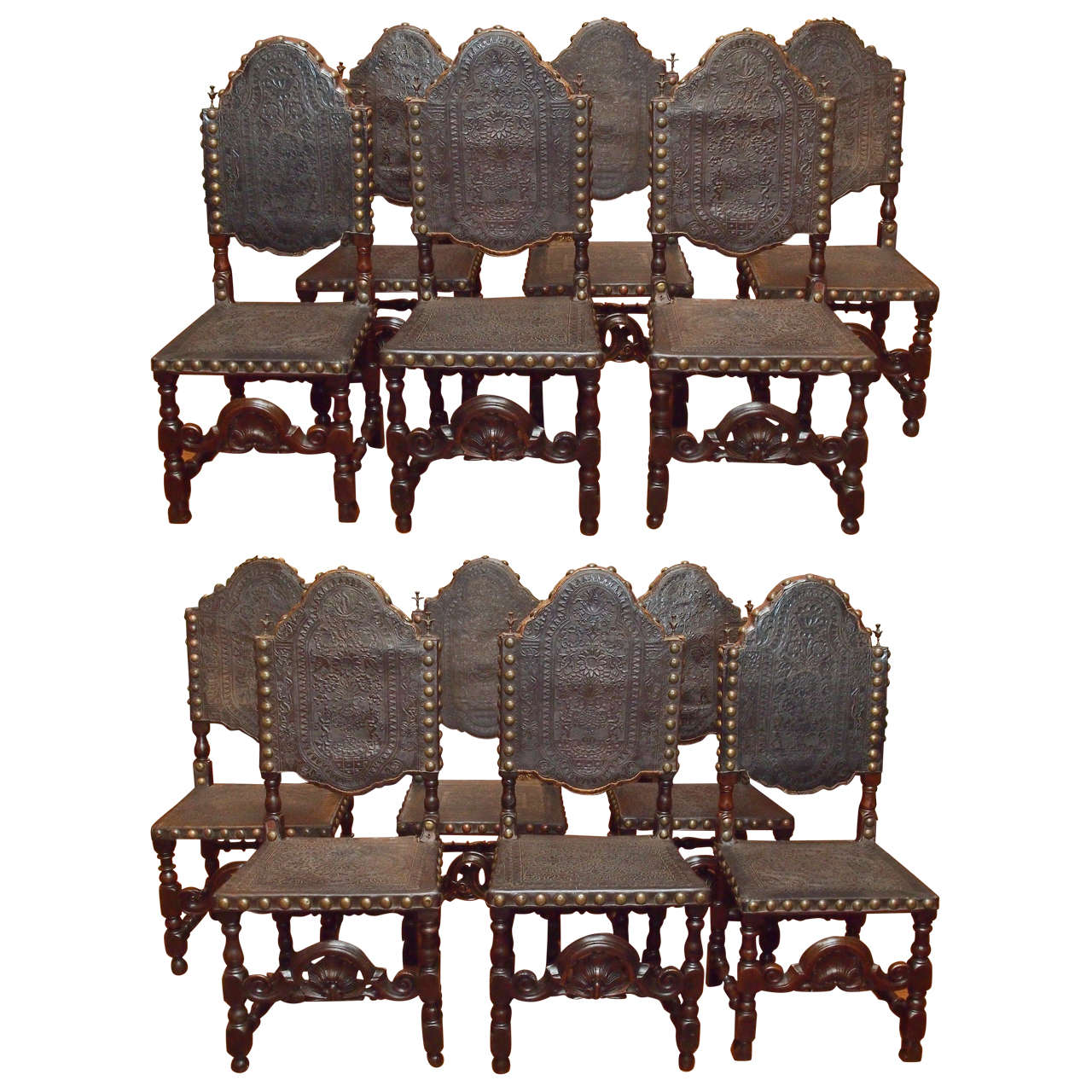 Set of 12 Antique Gothic Style Oak and Leather Dining Chairs