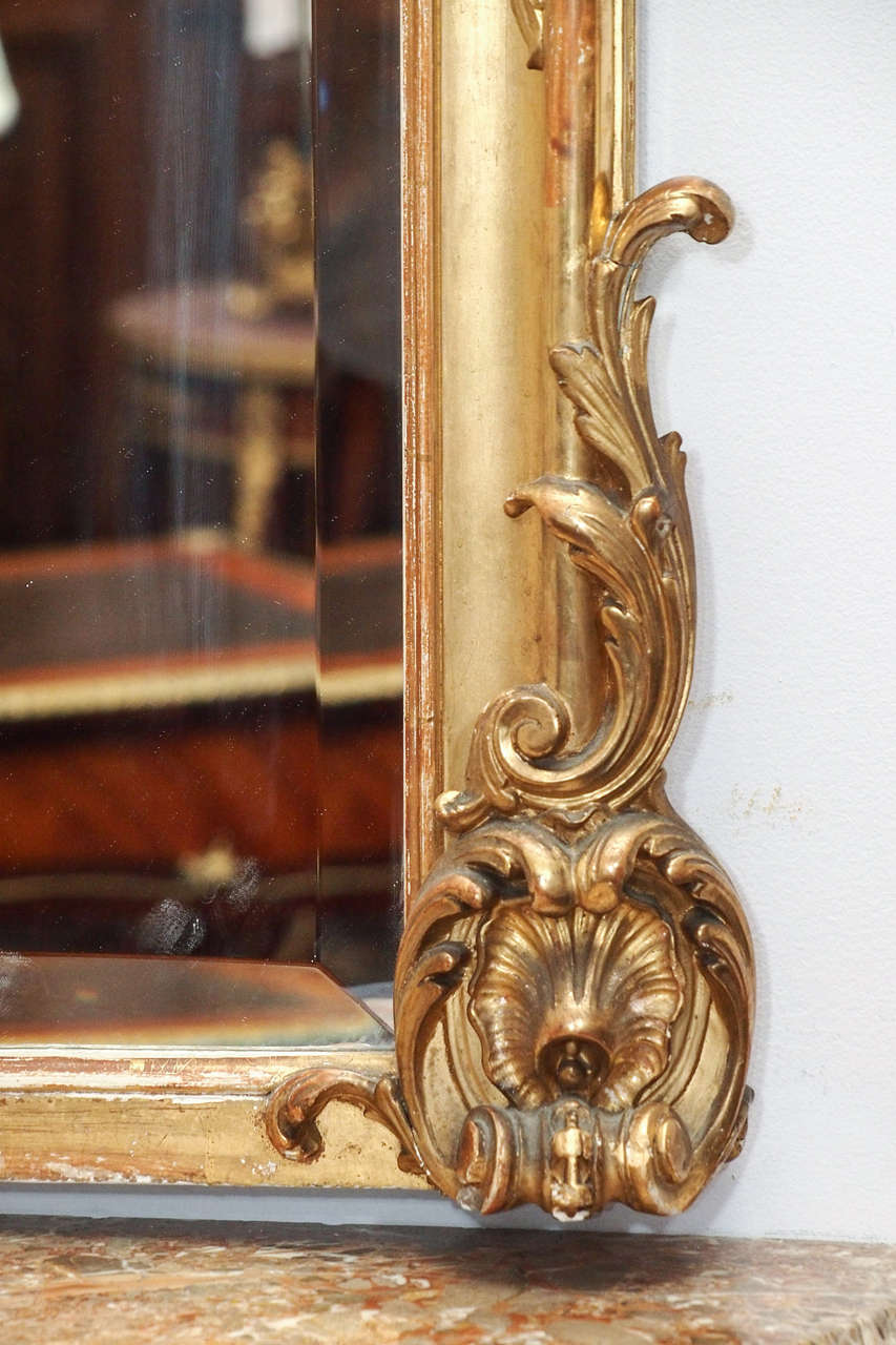 19th Century Antique French Louis XV Fine Gold Leaf Beveled Mirror