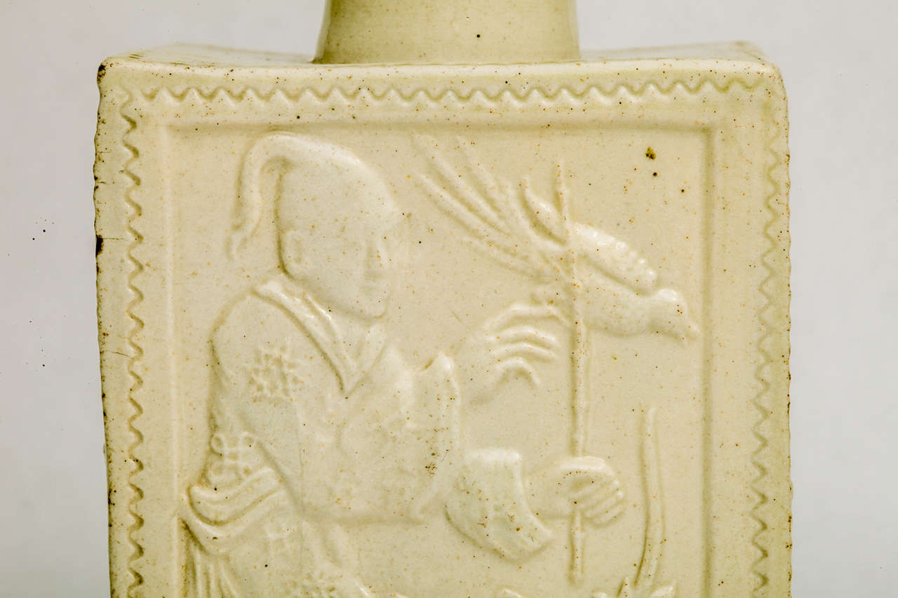 British A Rare English Saltglazed Stoneware Tea Caddy With Oriental Figures For Sale