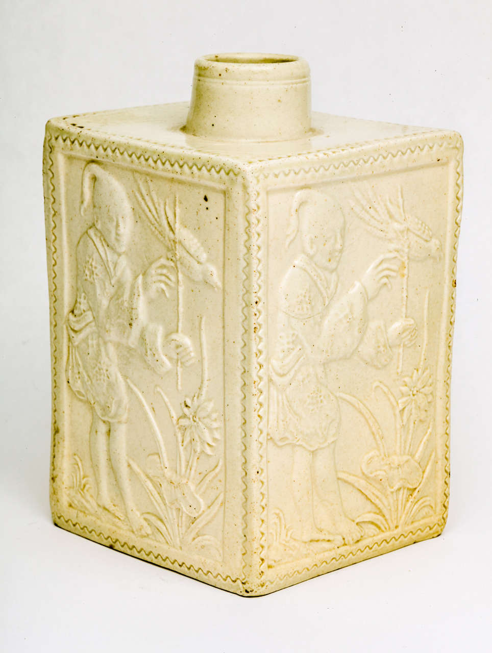 Pottery A Rare English Saltglazed Stoneware Tea Caddy With Oriental Figures For Sale