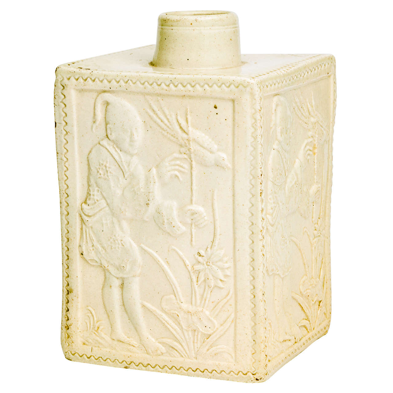 A Rare English Saltglazed Stoneware Tea Caddy With Oriental Figures For Sale