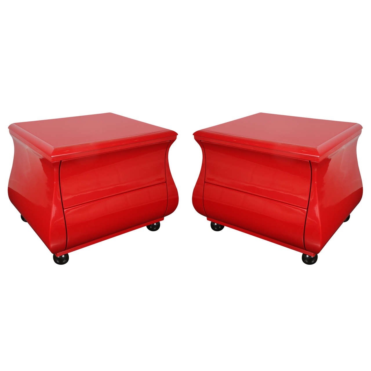 A Pair of Red Lacquered Mid-Century Nightstands