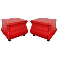 A Pair of Red Lacquered Mid-Century Nightstands