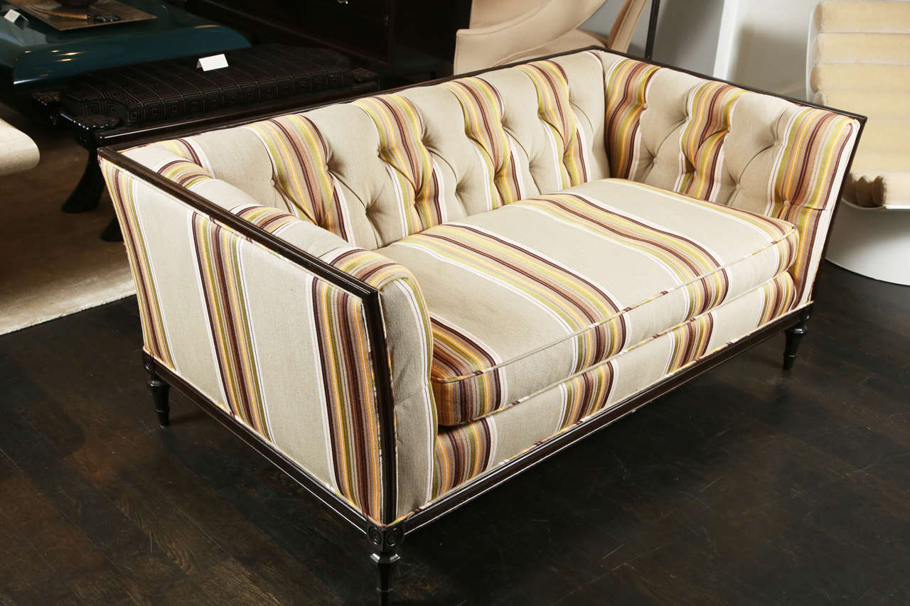French Multi-Striped Tufted Loveseat For Sale 2