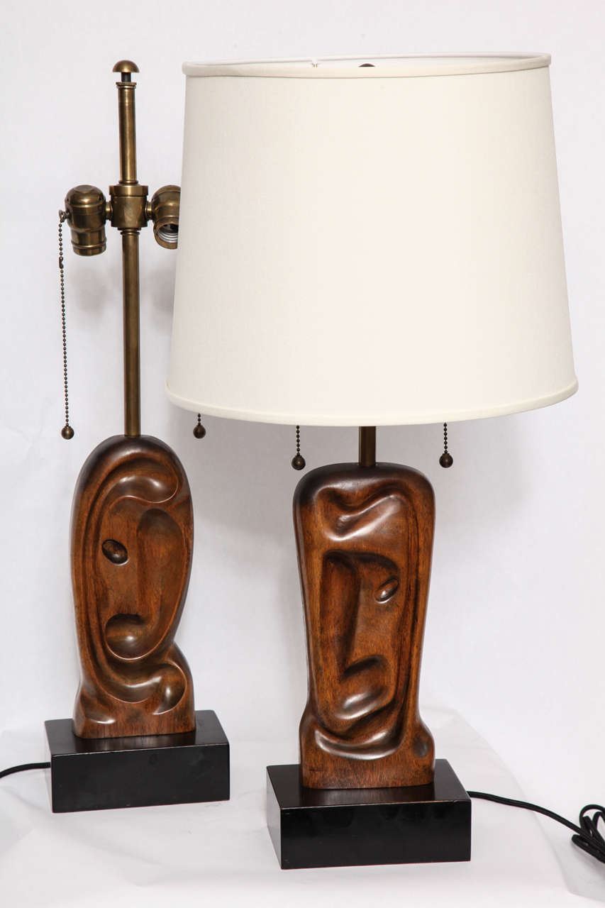Mid-20th Century Heifetz Table Lamps Pair Mid Century Modern Abstract faces wood 1950's