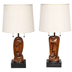 Heifetz Table Lamps Pair Mid Century Modern Abstract faces wood 1950's