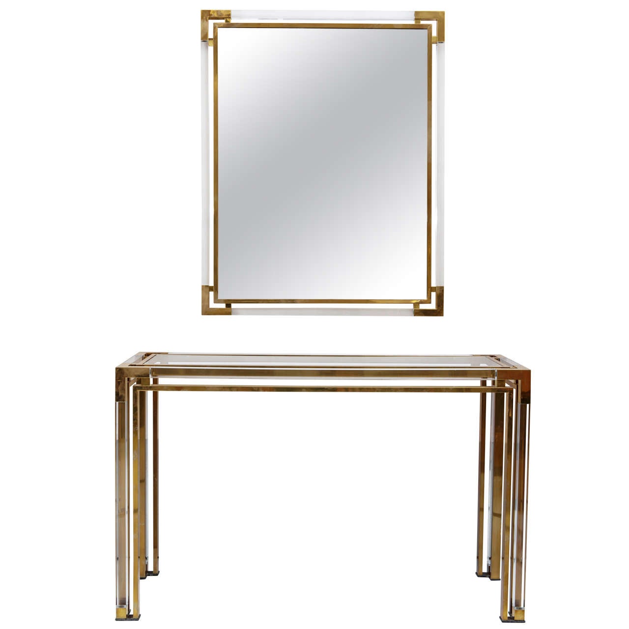 Lucite and Gold Brass Console and Mirror by Romeo Rega, 1960-70