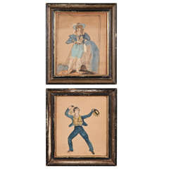 Pair of Primitive English Watercolors in Original Frames