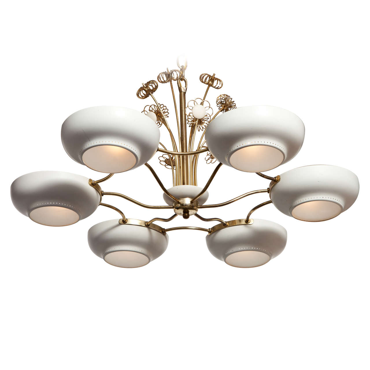 Six Lights Brass and Enameled Metal Chandelier by Lightholier For Sale