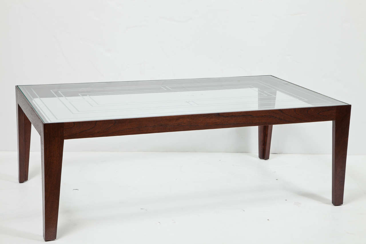 Mahogany Coffee Table with Etched Glass Top For Sale 1