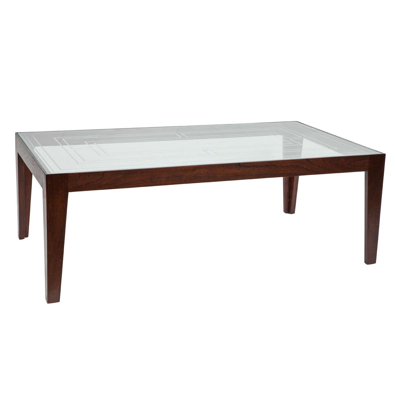 Mahogany Coffee Table with Etched Glass Top For Sale
