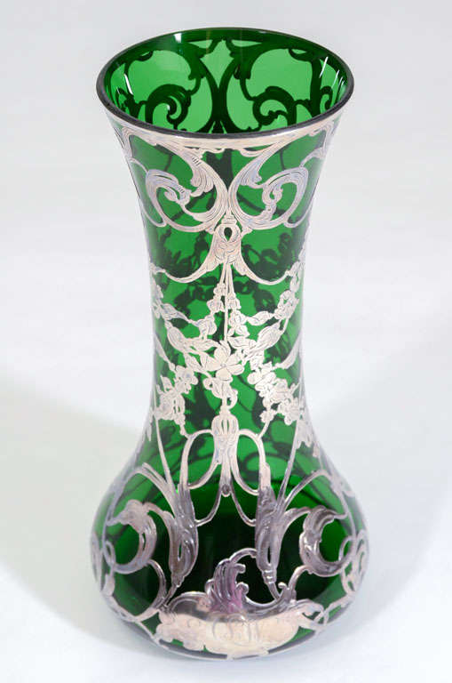 Green Glass and Silver Overlay Vase