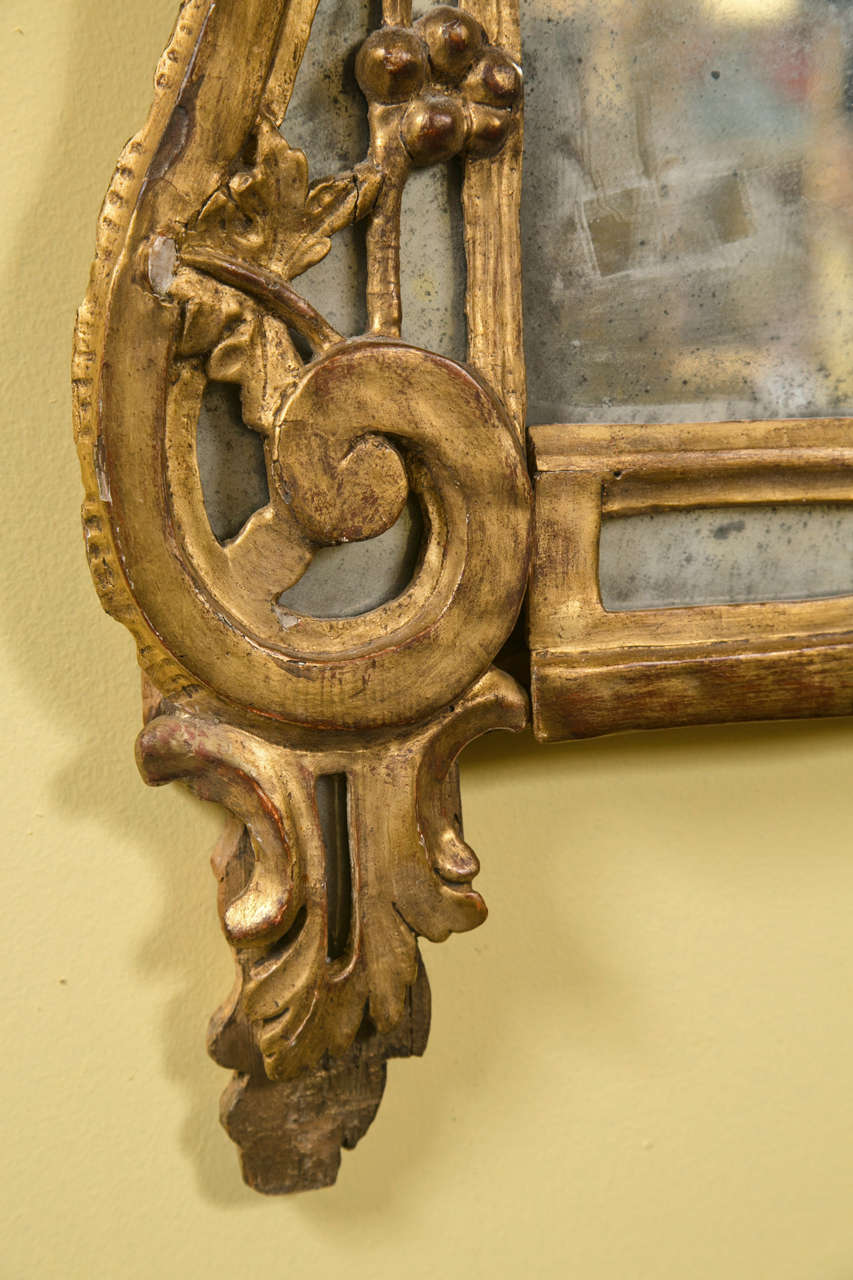 Late 18th-early 19th century French Empire style giltwood mirror, distressed glass surmounted in an elaborately carved frame. The central mirror appearing to be original. Fine guild with intwined mirrored panals.