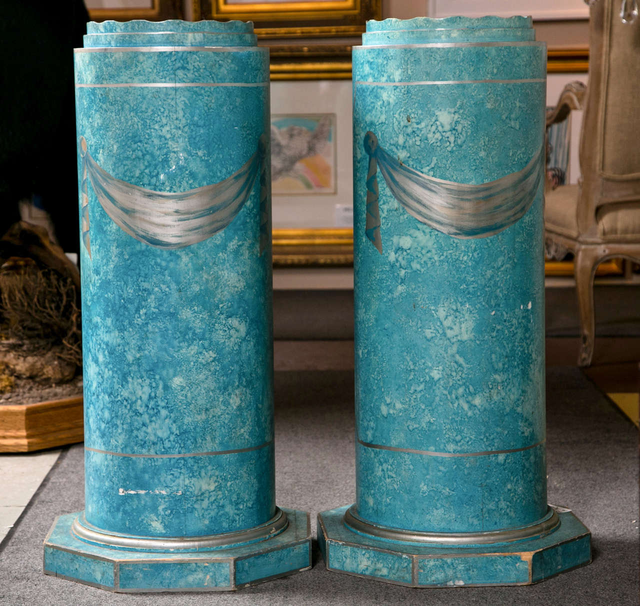 Pair Blue Distress Painted Pedestals With Drapery Motifs Hollywood Regency Style For Sale 2