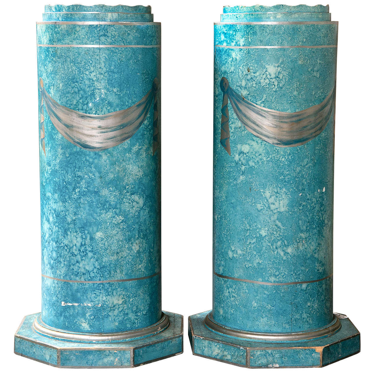 Pair Blue Distress Painted Pedestals With Drapery Motifs Hollywood Regency Style For Sale