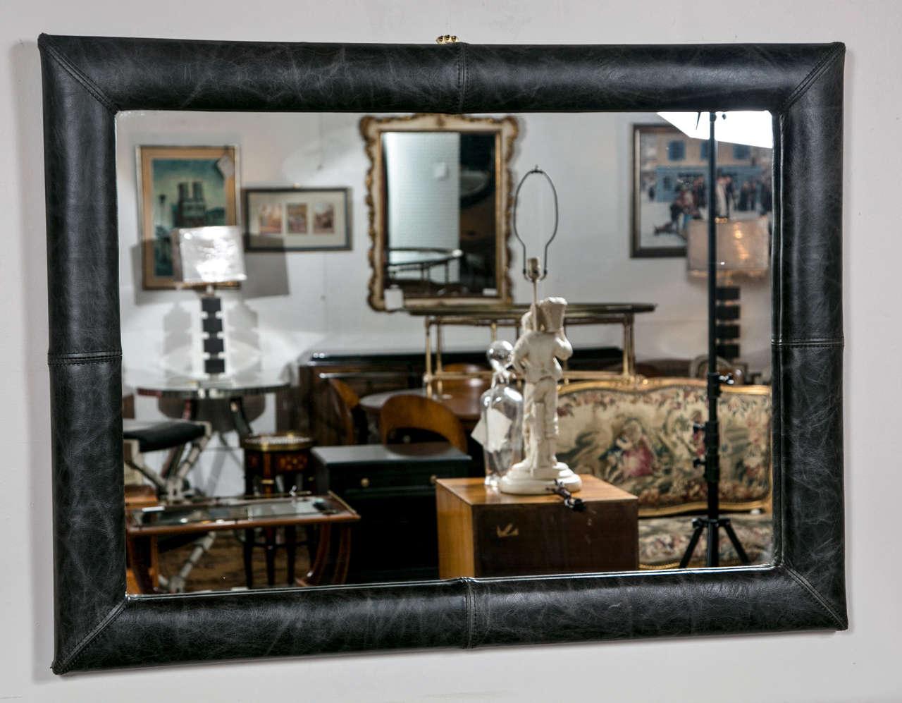 20th Century Mid-Century Decorated Leather Mirror