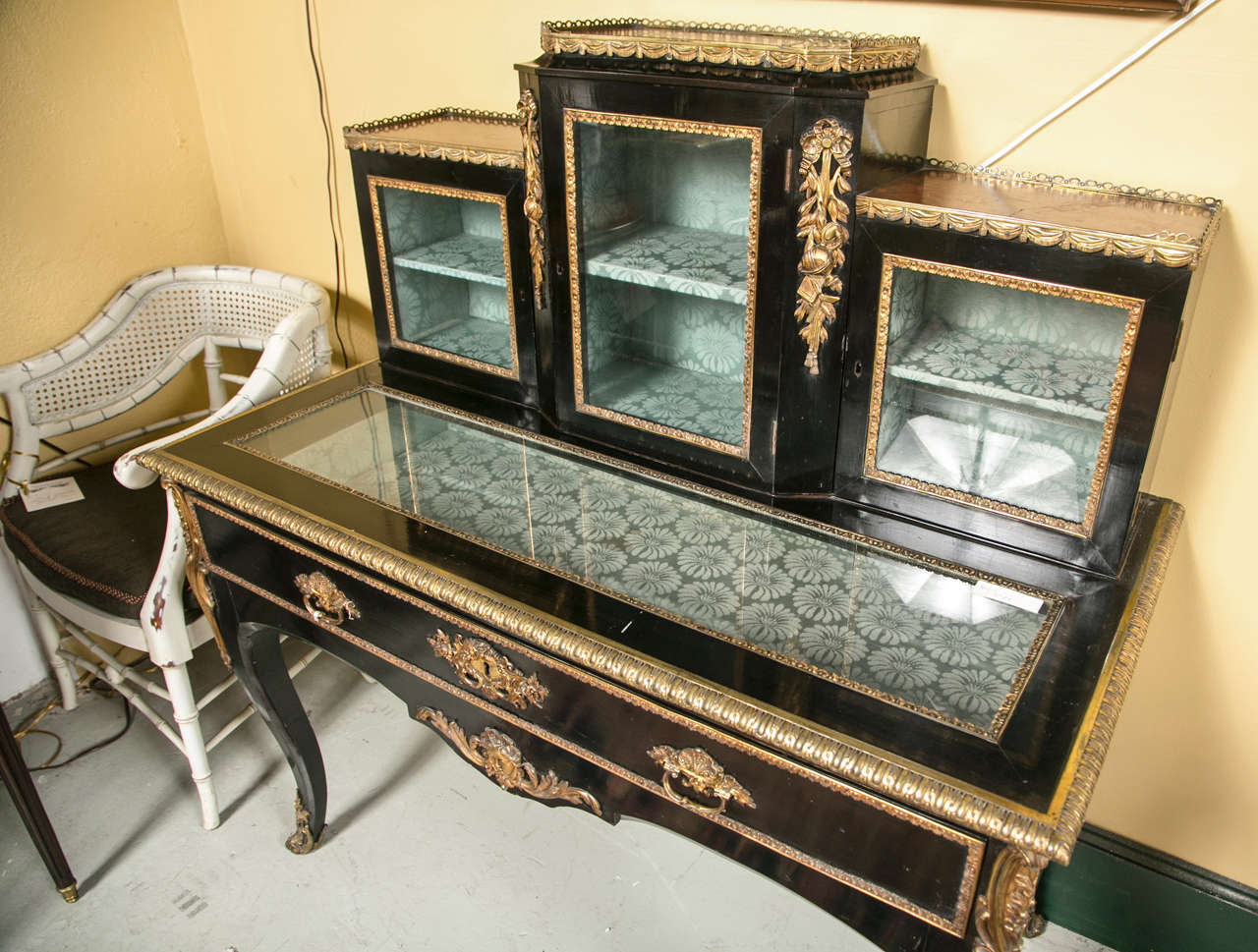 20th Century French Louis XV Style Ebonized Vitrine / Desk