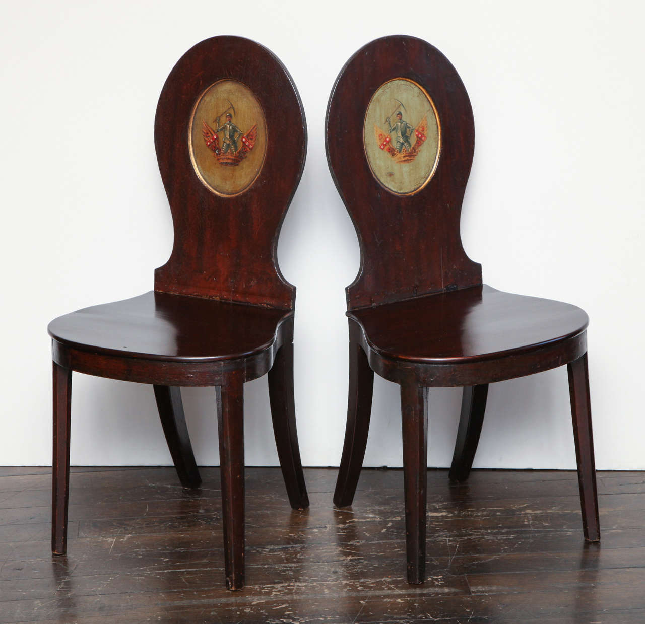 Pair of Early 19th Century, English Regency, Crested Hall Chairs in Mahogany