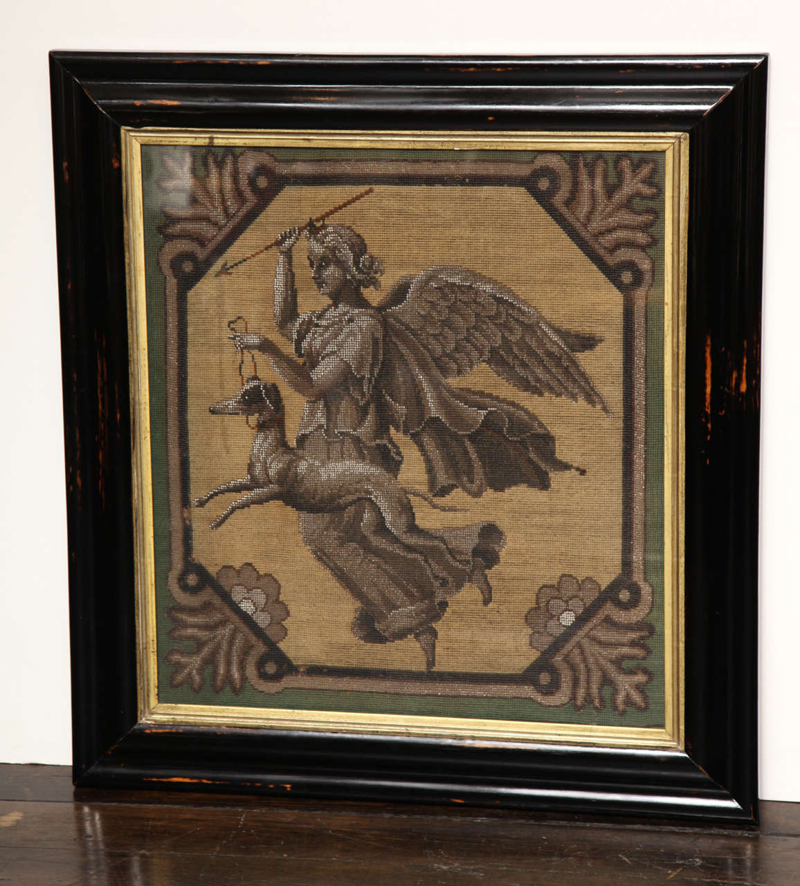19th Century English, Beadwork and Needlepoint Picture in an Ebonized  Frame