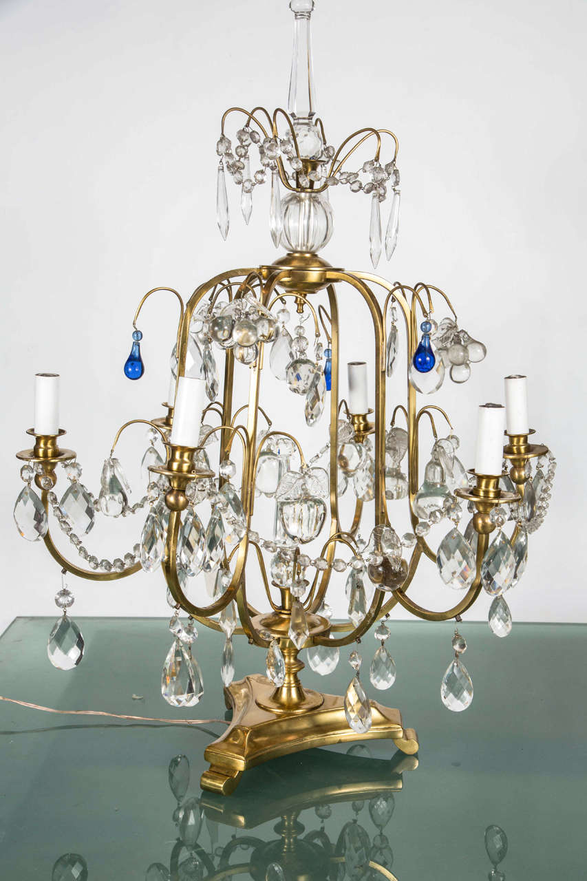 Bronze and Crystal Table Chandelier with Cobalt Blue Teardrops 3