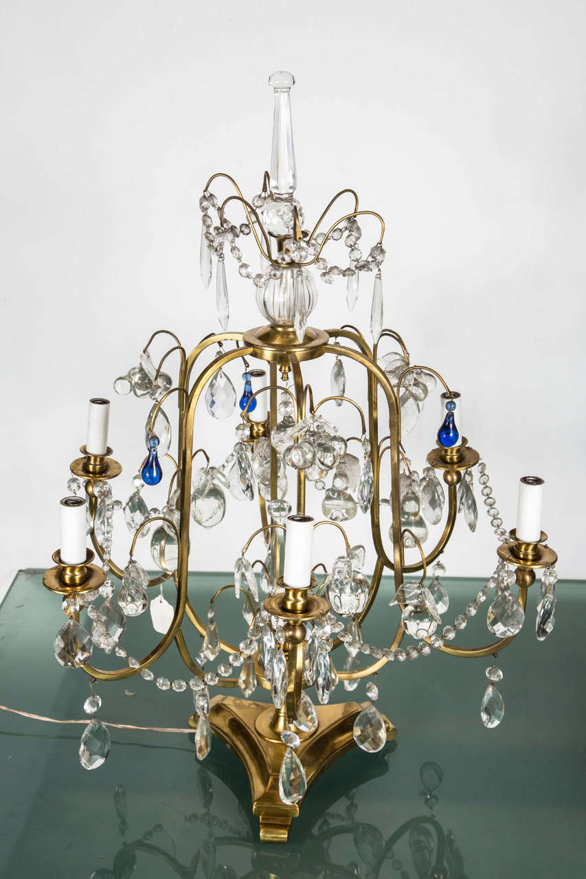 Bronze and Crystal Table Chandelier with Cobalt Blue Teardrops 5