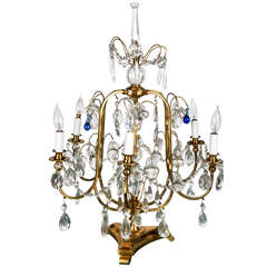 Bronze and Crystal Table Chandelier with Cobalt Blue Teardrops