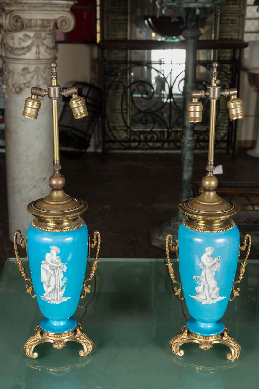 Pair of Turquoise Vase Lamps with Bronze Accents 5