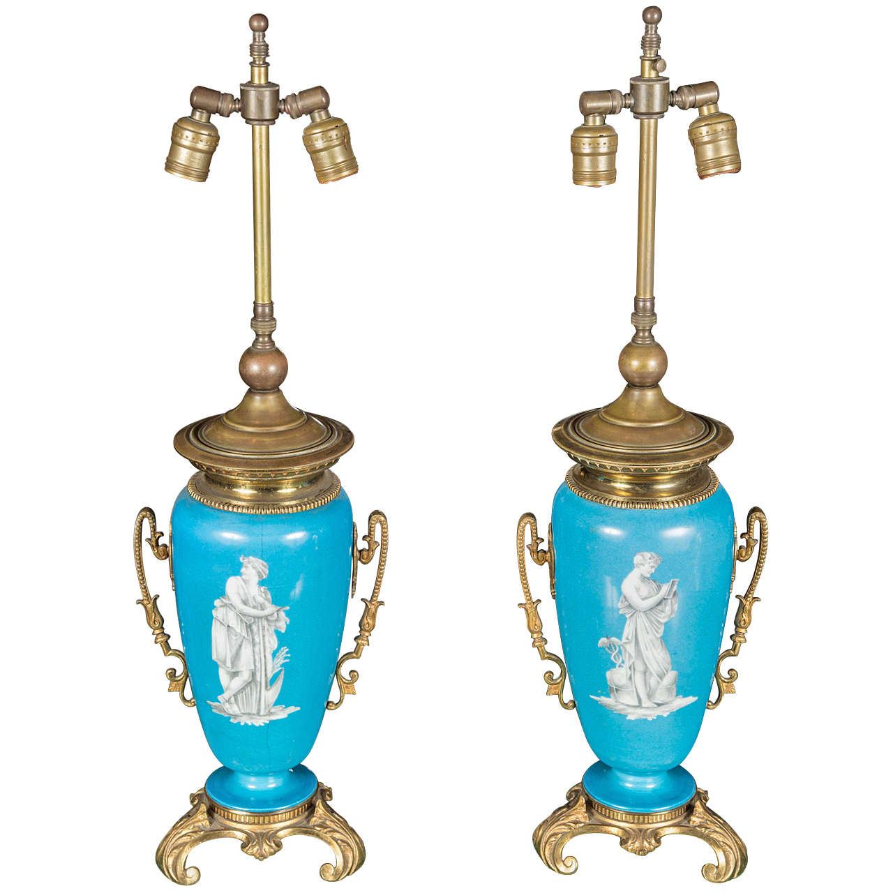 Pair of Turquoise Vase Lamps with Bronze Accents