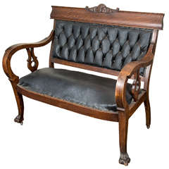 Antique Upholstered and Carved Tiger Oak Loveseat
