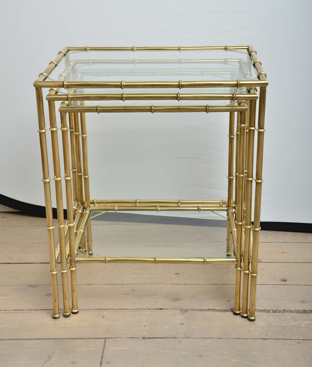 Set of Three Brass and Glass Faux Bamboo Nesting Tables 1
