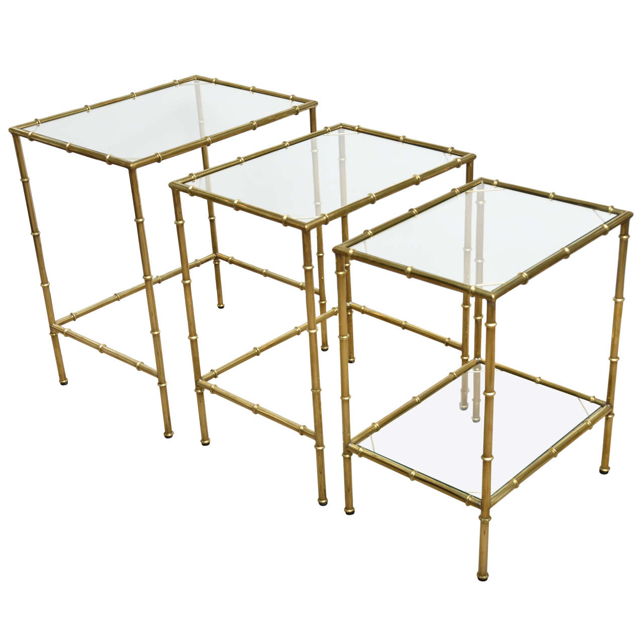 Set of Three Brass and Glass Faux Bamboo Nesting Tables