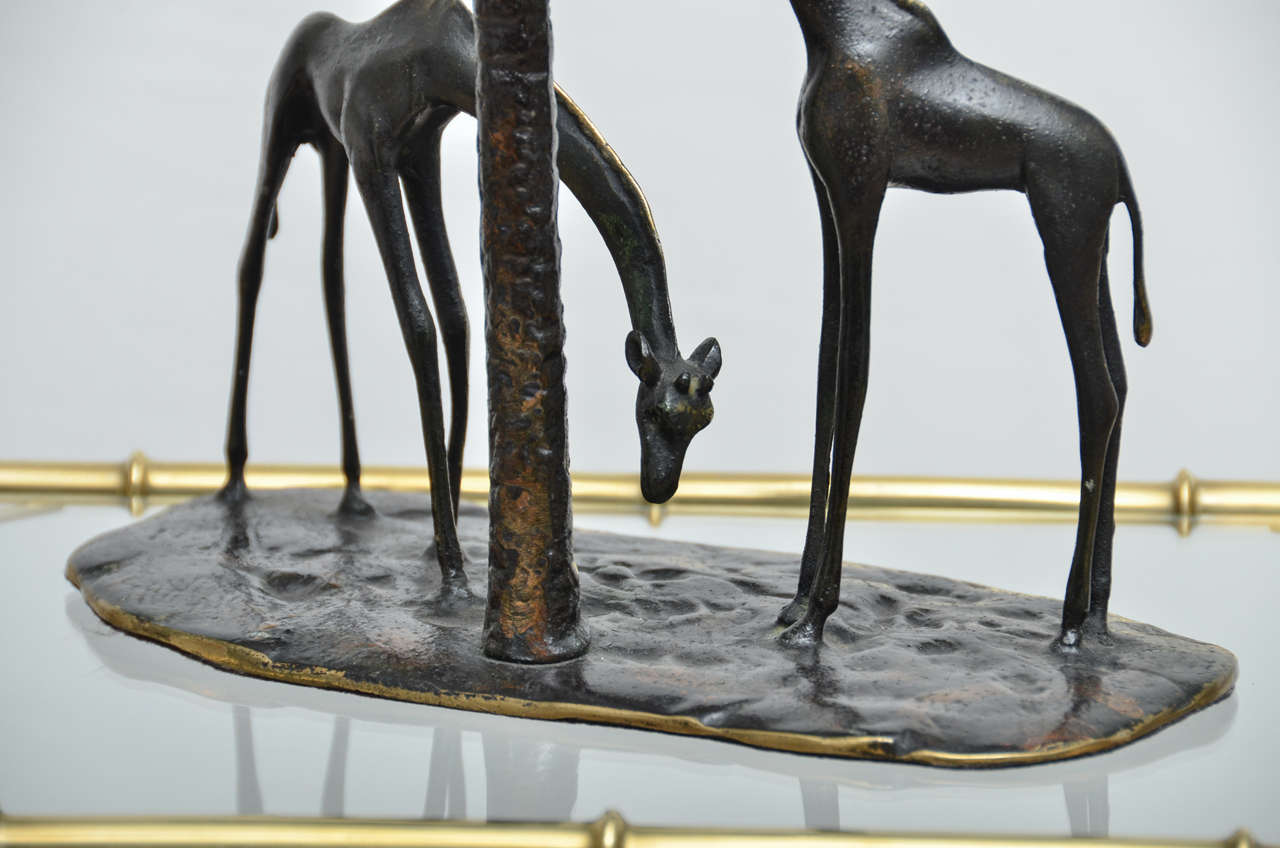 Mid-20th Century Sculpted Bronze Giraffe Vignette